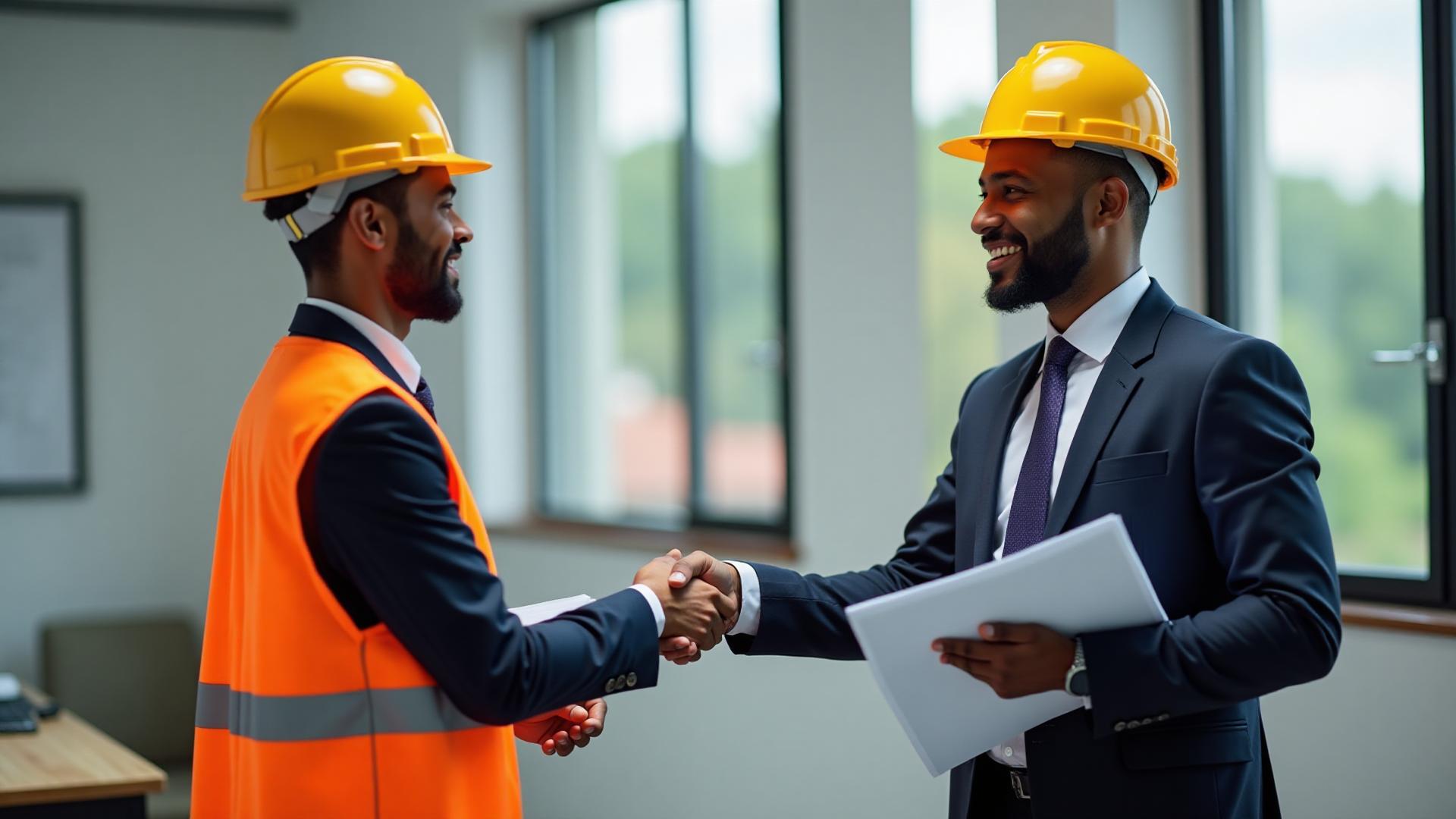 Diverse professionals in government contracting - person in hard hat shaking hands with business professional
